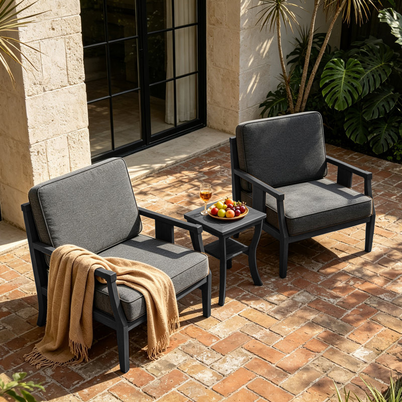Ensemble de patio d'extérieur pour deux personnes en teck avec coussins et table d'appoint Louque, Gris foncé, Noir