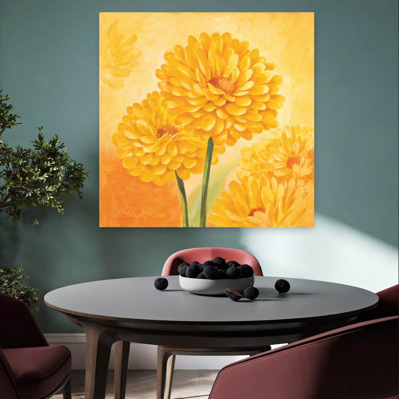 «Vibrant Yellow Blooms Vibrant Zinnia Flower Nature», art mural, 36" H x 36" W