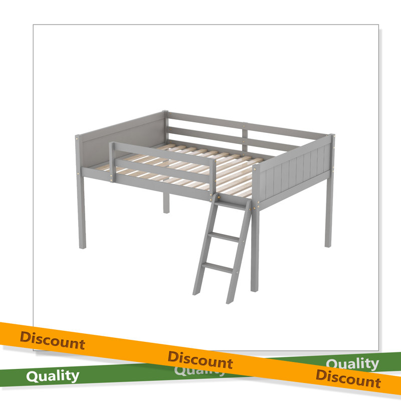 Lit mezzanine bas en bois avec échelle, l'échelle peut être placée à gauche ou à droite, Lit double, Gris