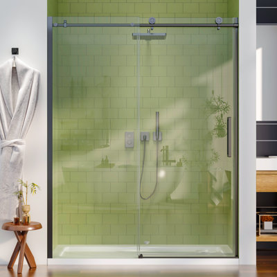 Porte de douche coulissante simple sans cadre de 56 à 60 po x H 76 po avec verre trempé transparent de 3/8 po (10 mm)