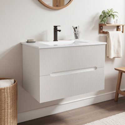  30" Wall Mounted Single Bathroom Vanity With Ceramic Sink Top And Faucet, Floating Cabinet With 2 Soft-Close Drawers