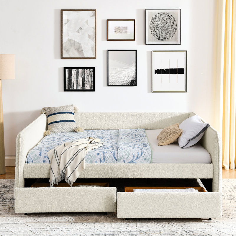 Daybed With Trundle, Drawer Storage Option, Queen Size, Upholstered, Beige Boucle, Stylish Stripe, Comfortable Seating Experience, Easy Installation Manual Solution, Vertical Padding, Steps