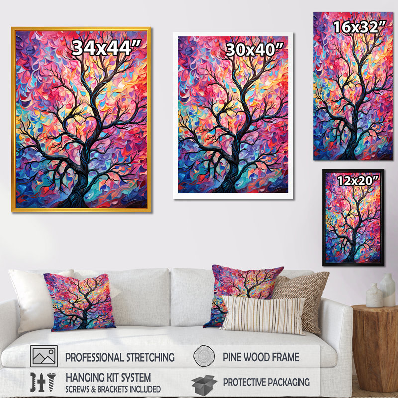 «Pink Tree Essence I» - art mural arbre, H 32 po x l 16 po x P 1 po, Cadre photo noir