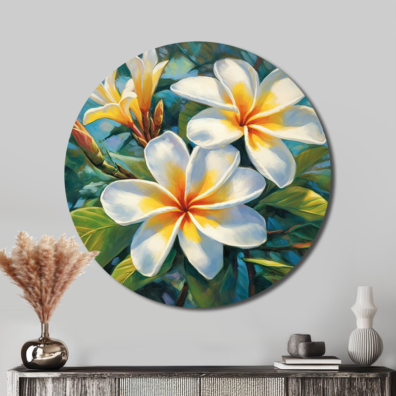 Plumeria blanc symphonie magique - art floral rond en métal, H 16 po x l 16 po