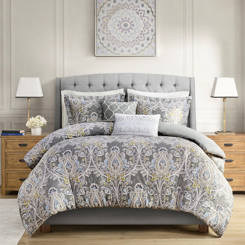 Housse de couette grise en coton avec coussins décoratifs et taies décoratives 5 pièces