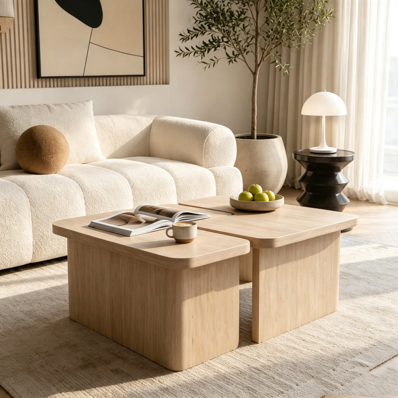 Ensemble de 2 tables basses modulaires en travertin, ensemble de tables gigognes en forme de L et de coin, Beige