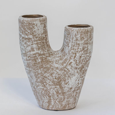 Beige With Washed White Finish And Two Openings Vase