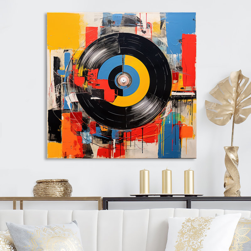 Vinyle coloré rétro II - musique, impressions d'art mural, H 36 po x l 36 po x P 1,5 po, Toile tendue