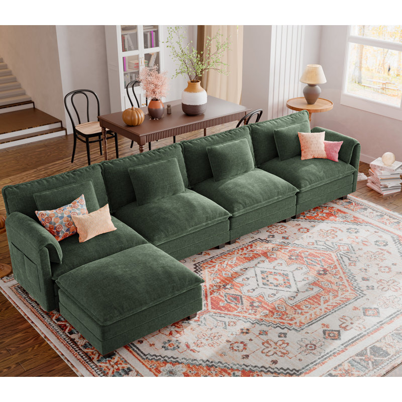 Amabilia 5-Piece 153'' L-Shaped Comfy Cloud Modular Sectional Sofa With Removable Ottomans-Chenille Fabric-Green