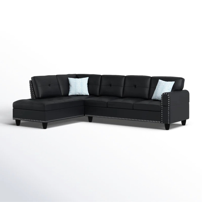 L - Shaped 2 Piece Faux Leather Sectional, Left Hand Facing, 3 Seat, Black, With Round Arms, Pillow Backs, Nailhead Trim, Comfortable For Living Room, Foam Filled Hand Tied Spring Cushions, Removable