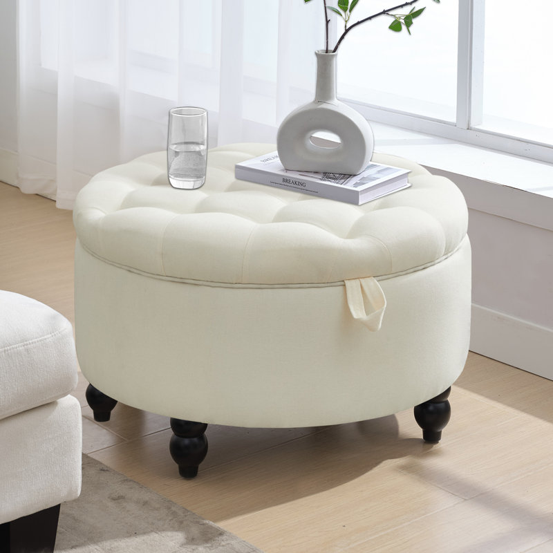 30''  Wide Upholstered Tufted Round Storage Ottoman for Living Room, Beige