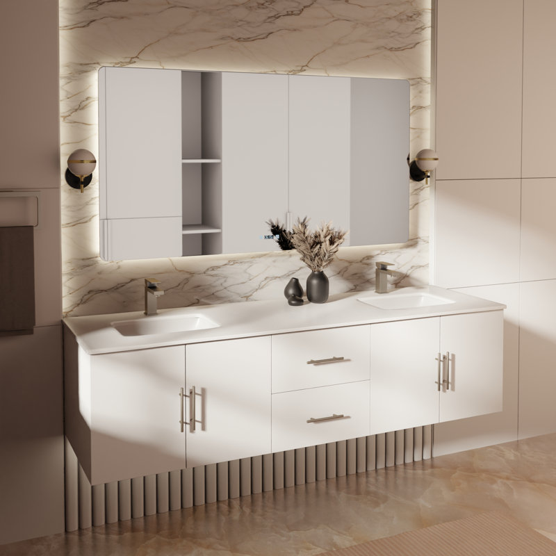 Ensemble de meuble-lavabo double mural 72 "avec miroir Geneva, Blanc lustré, Quartz blanc
