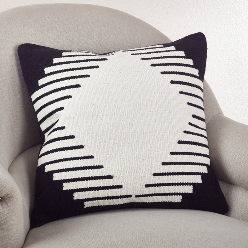 20" Black and White Kilim Design Square Cotton Throw Pillow