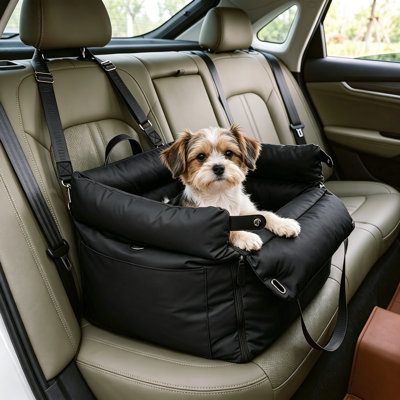 Dog Booster Car Seat, Waterproof PU Leather Upholstered Cat Bed for Car with Storage Pockets, Portable Pet Seat, Bite-Resistant, Perfect for Travel and Home