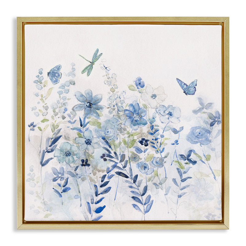 Délicat jardin floral bleu, Cadre flottant métallique doré, H 25 po x l 25 po