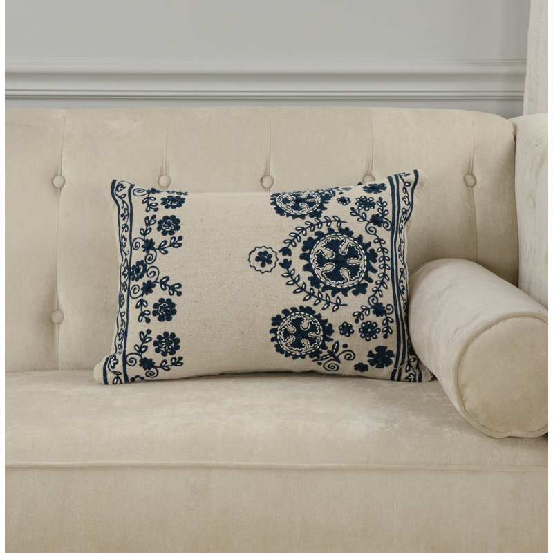 100% Cotton Throw Pillow, Natural/Blue, Polyester