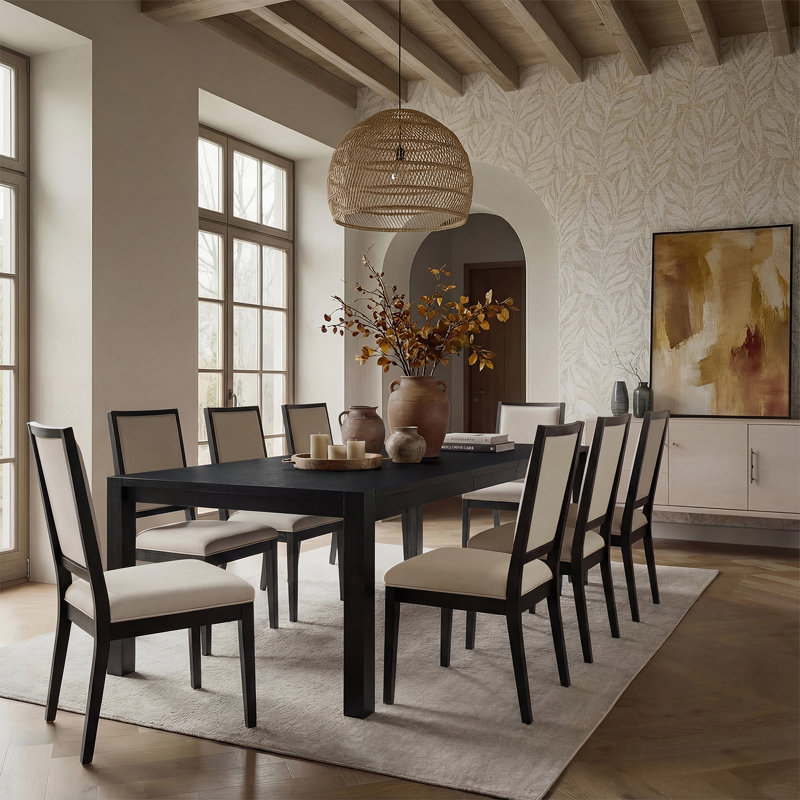 8-Seat Expandable Parsons Dining Table Set with Linen Upholstered Chair, 9 Pieces: Table, 8 Chairs, Black