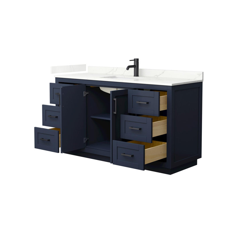 Meuble-lavabo simple autoportant de 60 po avec plateau en quartz Miranda, Giotto Quartz, Bleu foncé, Noir mat
