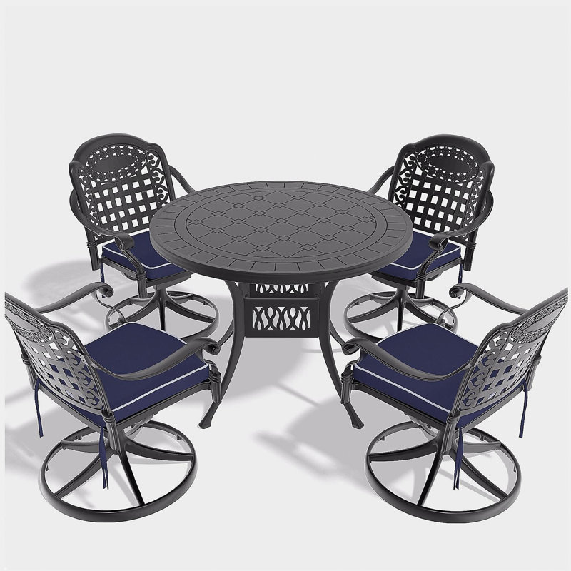 Ensemble de salle à manger 5 pièces en aluminium coulé résistant aux intempéries, comprenant 4 chaises pivotantes et une table ronde de 39,37 po avec structure noire 