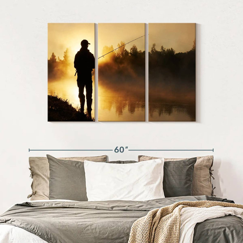 «Foggy Riverbank Fishing», 3 pièces sur toile, H 32 po x l 50 po x P 1,25 po