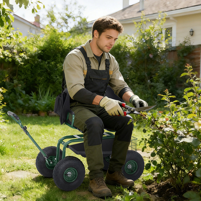 Siège de jardin roulant sur roulettes, chariot de jardin robuste de 400 lb avec siège pivotant réglable, panier de rangement et poignée extensible