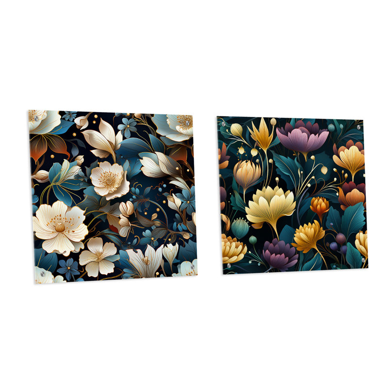 Jewel Tones Flowers Blooms - Ensemble de 2 peintures murales en acrylique, H 16 po x l 33 po