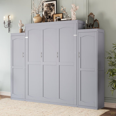 Grand lit escamotable, grand lit escamotable en bois avec 2 garde-robes et tablette de rangement, cadre de lit plateforme pliable multifonctionnel pour chambre d'amis, chambre à coucher