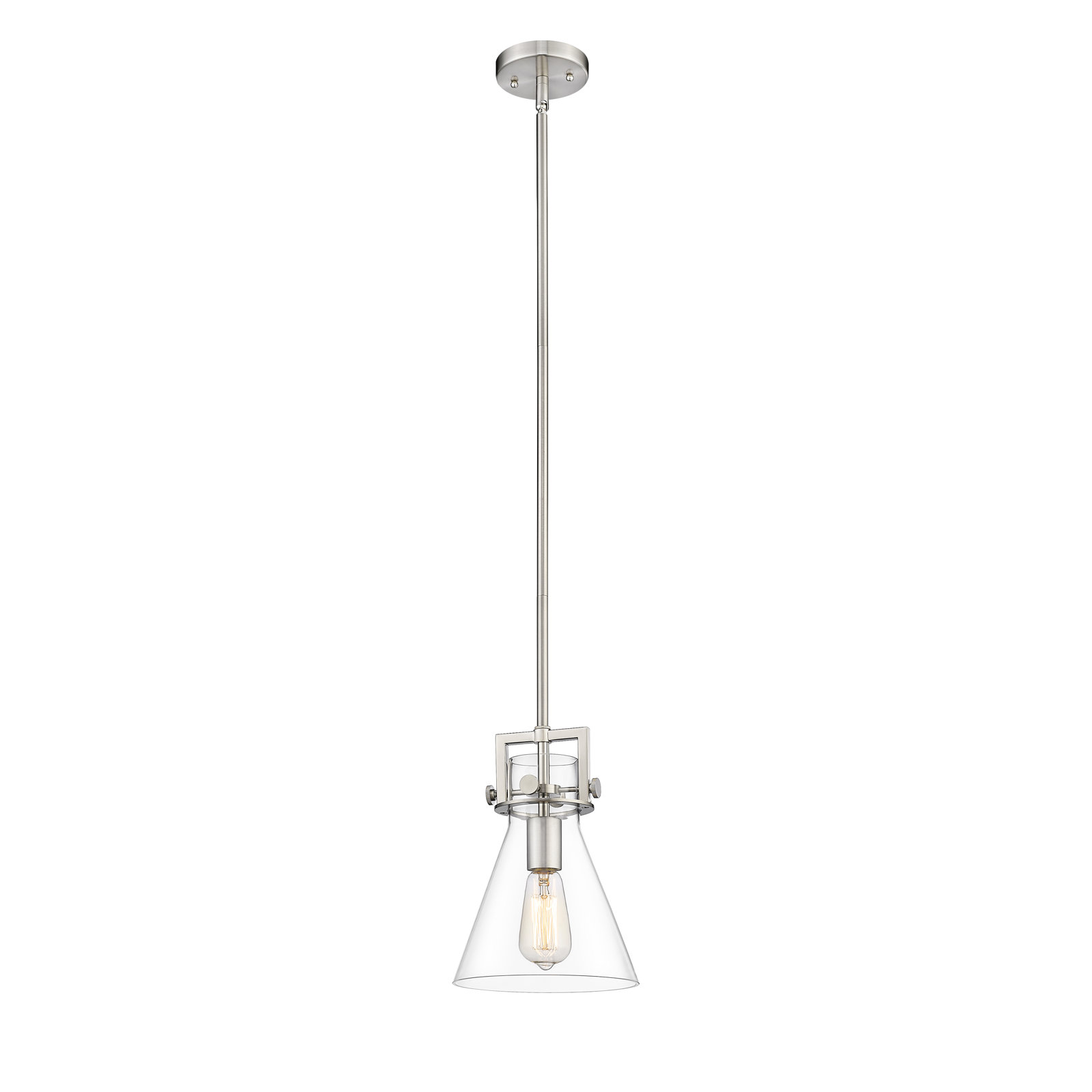 Coterie Single Light Glass Dimmable Pendant, Clear, Satin Nickel, 11.38" H x 8" W x 8" D