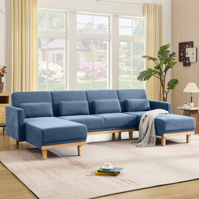 113.4" W U-Shaped Chenille Sectional Sofa With 2 Chaises, 3-Level Adjustable Backrest Solid Wood