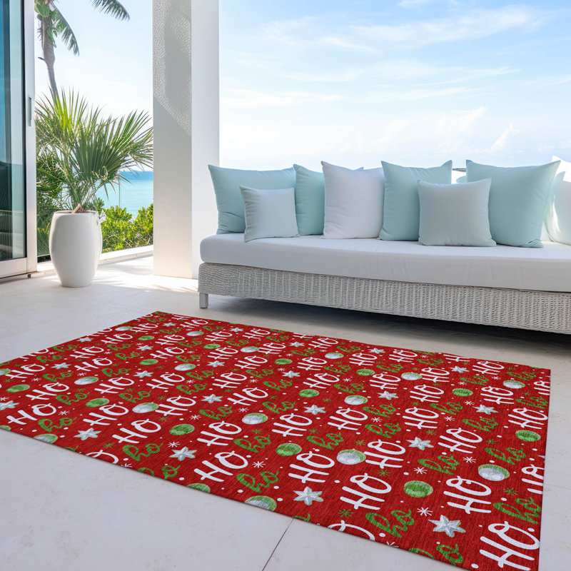 Festive Red Synthetic Washable 5' x 7' Holiday Rug