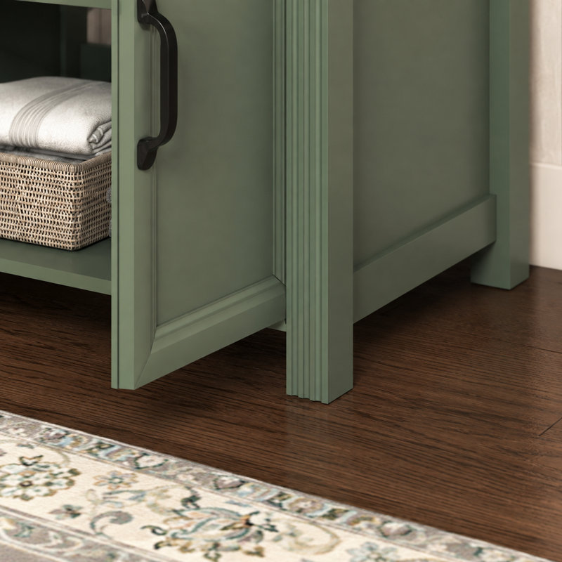 Meuble-lavabo sur pied de 70,2 cm (27,64 po) avec rangement, design moderne du milieu du siècle, armoire peinte en vert, lavabo en céramique et poignées en métal
