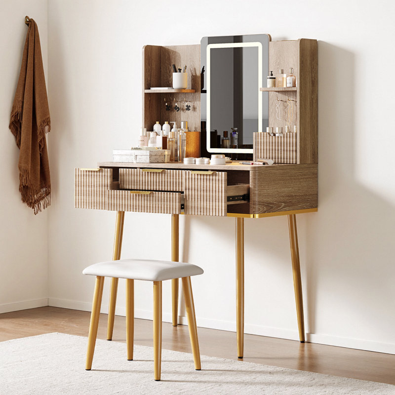 30" Fluted Vanity – 3-Color LED Mirror, Carved Details, 4 Drawers + Jewelry Hooks & Padded Rollers, Metal Legs, PU Stool, Vintage Yellow-Brown Finish
