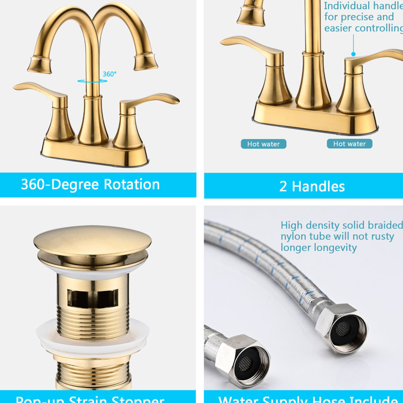 4 Inches Bathroom Sink Tap - Brushed Gold, 360 Swivel Spout With Pop Up Drain, Metal Build, , , Rust-, Water Saving, Ceramic Disc, Elegant Double Handles, 1.8 Gallons Per Minute Flow Rate Gold