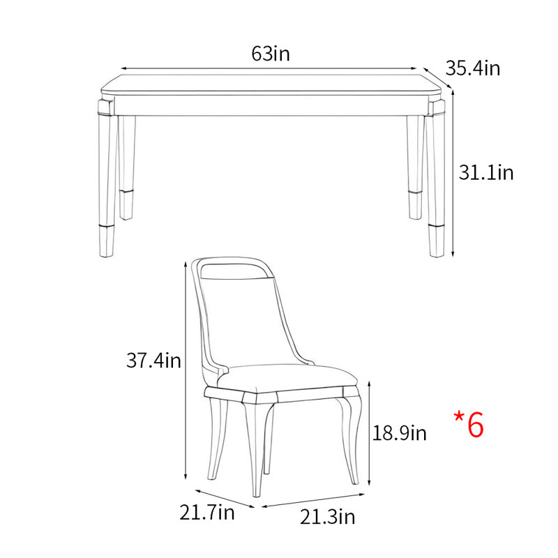 French style modern rectangular dining table sets, 31.1"H x 63"L x 35.4"W