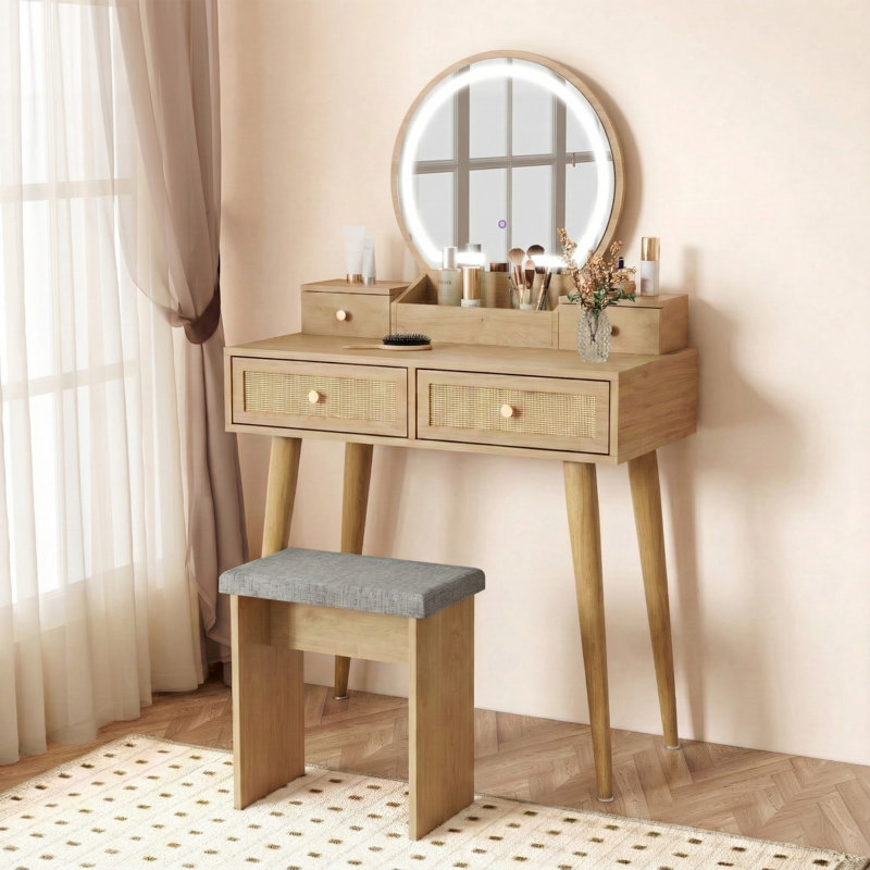 Iesa Boho Natural Rattan Vanity with LED Mirror and Stool, Nature