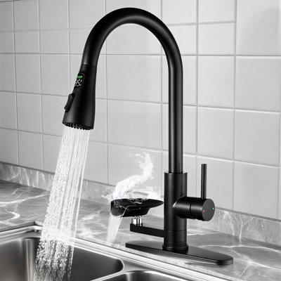 Matte Black 3-In-1 Kitchen Faucet With Three-Color LED Temperature Display, Push-Button Cup Washer, And High-Arc Pull-Out Three-Speed Water Flow Mode.