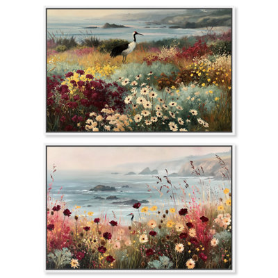 Crane Blossom Coast Framed Canvas Print Landscape Wall Decor Set by Art Remedy, White Frame, 24 x 16