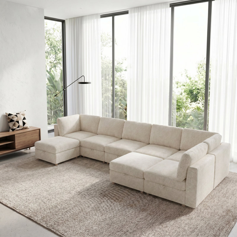 Canapé modulaire modulaire, canapé convertible avec rangement, ensemble de canapé pliant multifonctionnel en tissu, Beige