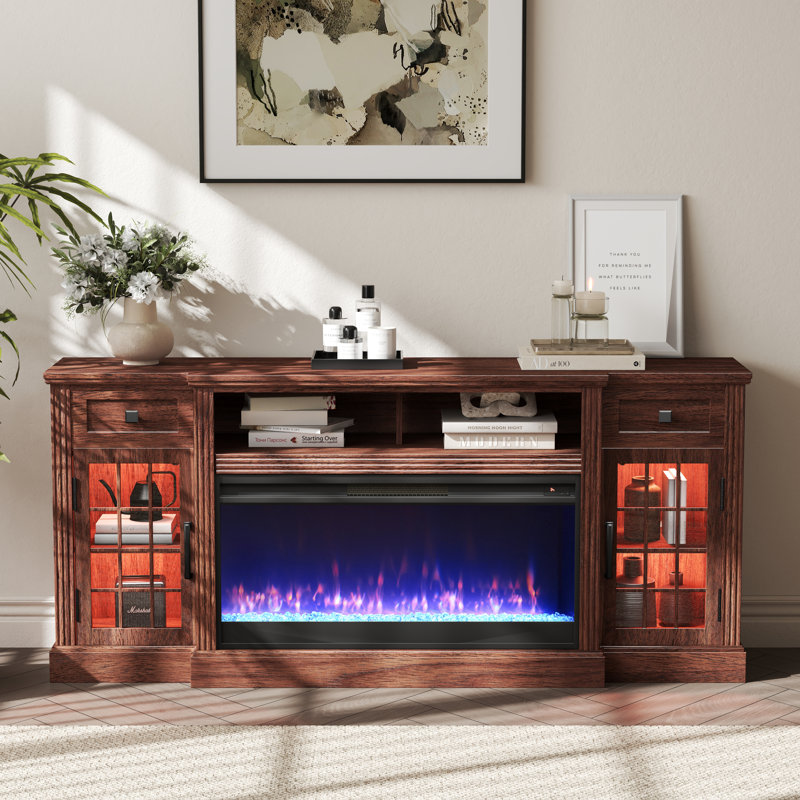Farmhouse  Fireplace Tv Stand  For Tvs Up To 80" With 36" Electric Fireplace, Large Highboy Entertainment Center With Led Lights, Glass Door Cabinet & Storage Drawer