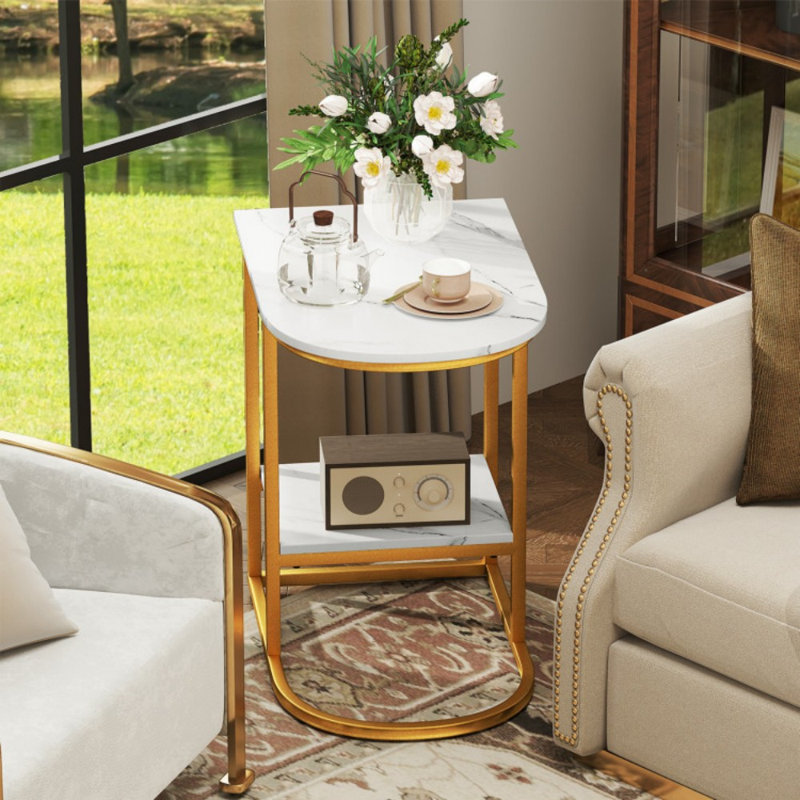 Table de bout compacte à 2 niveaux avec rangement en C pour petits espaces, Plateau blanc / base or