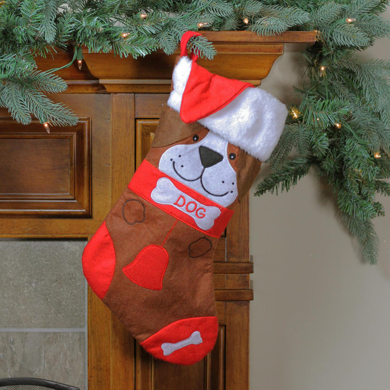 Chaussette de Noël 17 "rouge et brune" DOG "brodée avec manchette