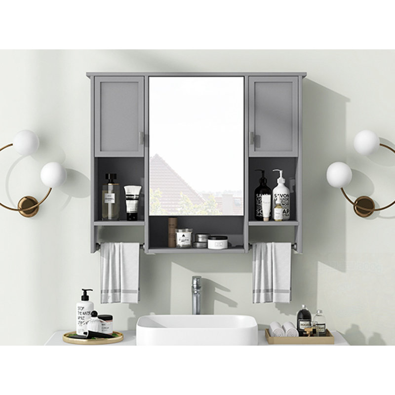 Armoire de rangement murale avec miroir et barre à serviettes, Gris