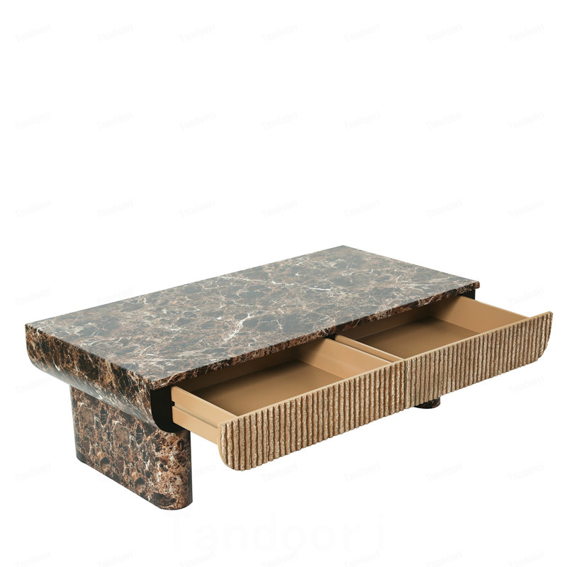Table basse 47 po avec plateau en faux bois imitation marbre, table basse contemporaine rectangulaire avec tiroir cannelé pour le salon, le bureau
