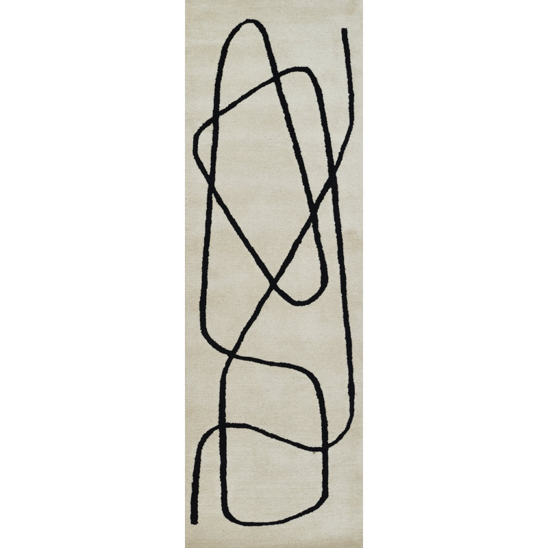 Tapis ivoire / noir en laine touffeté à la main à motif géométrique Whistler, Tapis de couloir 2 pi 6 po x 8 pi