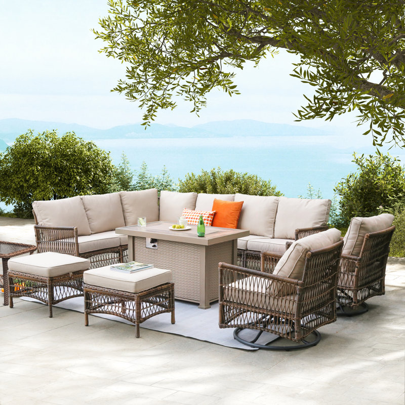 Evart 10-Person Outdoor Wicker Patio Set with Fire Pit Table & Swivel Chairs