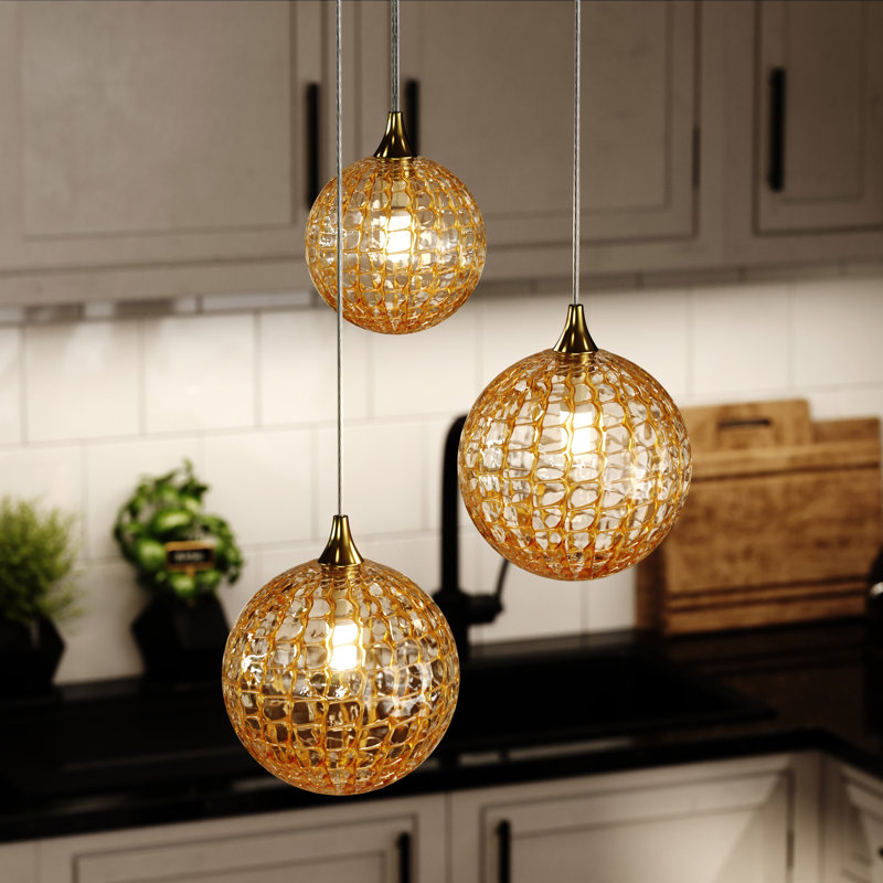 Breeze 3‑Light Hand‑Blown Webbed Glass Globe Chandelier AMBER, Chrome