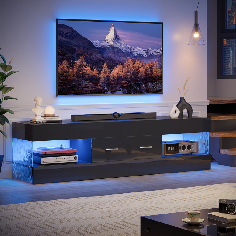 Modern Tv Stand For Tvs Up To 70" With Led And Drawer, Black, 40cm H x 152.4cm W x 35cm D