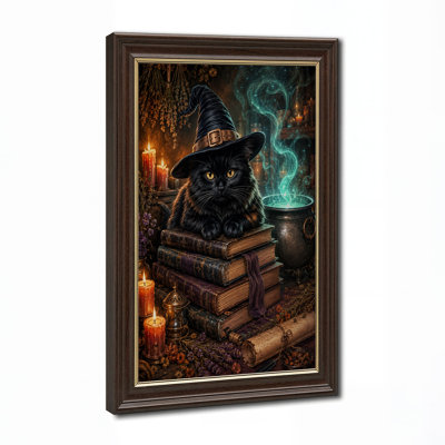 Black Cat in Witch Hat on Books with Glowing Halloween Canvas Wall Art