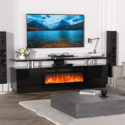 Meuble télé 70 po avec foyer électrique 36 po, 12 lumières DEL de couleurs, 750 W / 1 500 W pour téléviseur 80 po Max, armoire de rangement à 2 niveaux et 2 portes