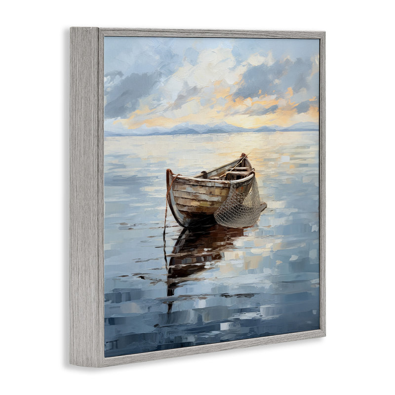 " Fishing Boat Painting " by Ray Powers, 17" H x 17" W x 1.5" D, Farmhouse Gray Framed Giclee